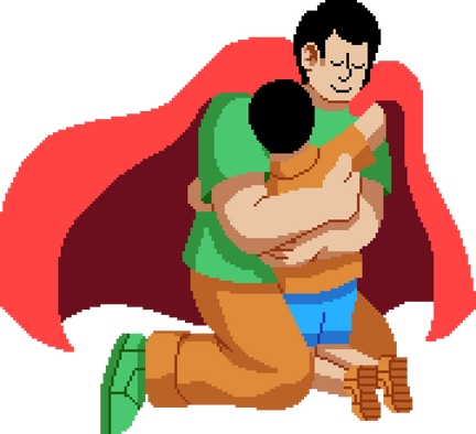 Pixelated Superhero Dad Hugging His Child